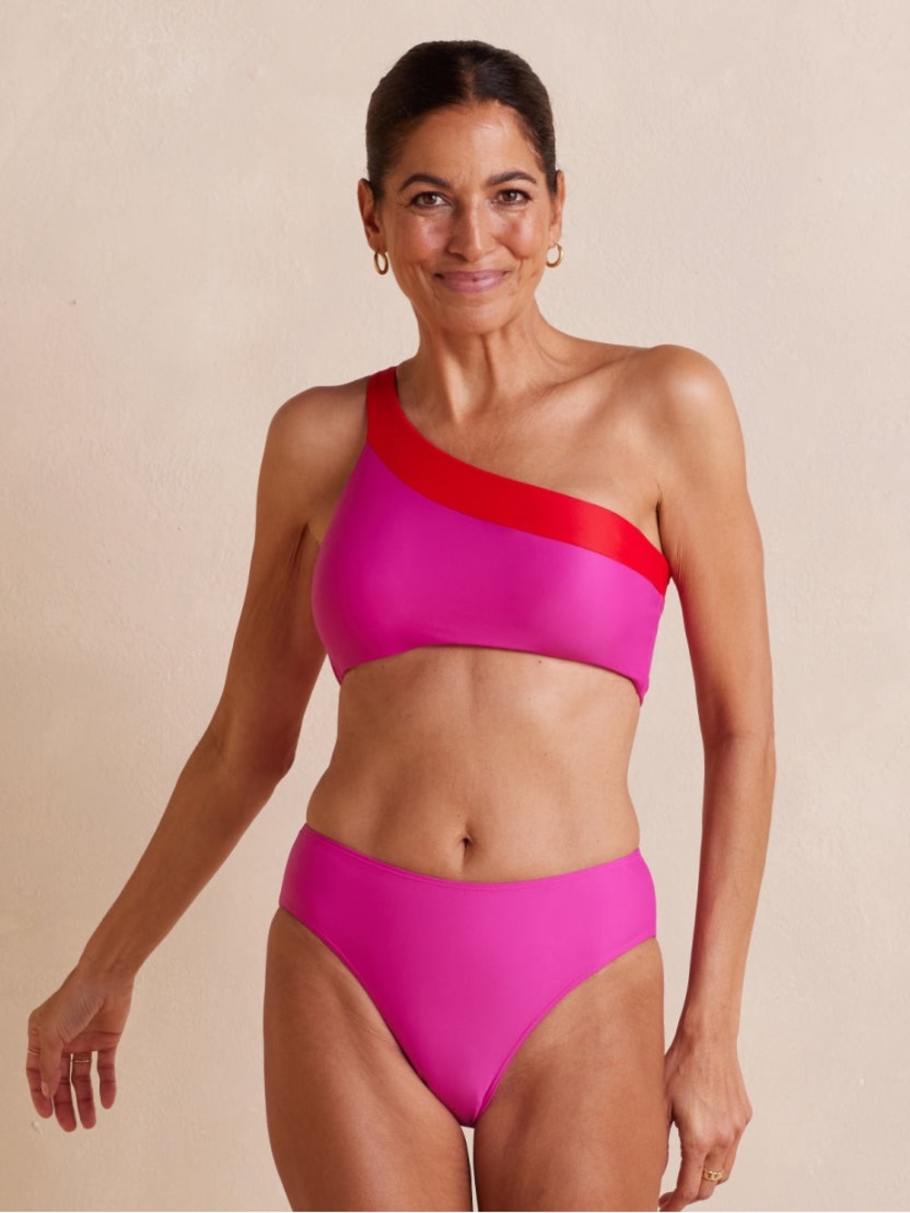 Summersalt One-Shoulder Bikini Top in Fuchsia with Red Trim